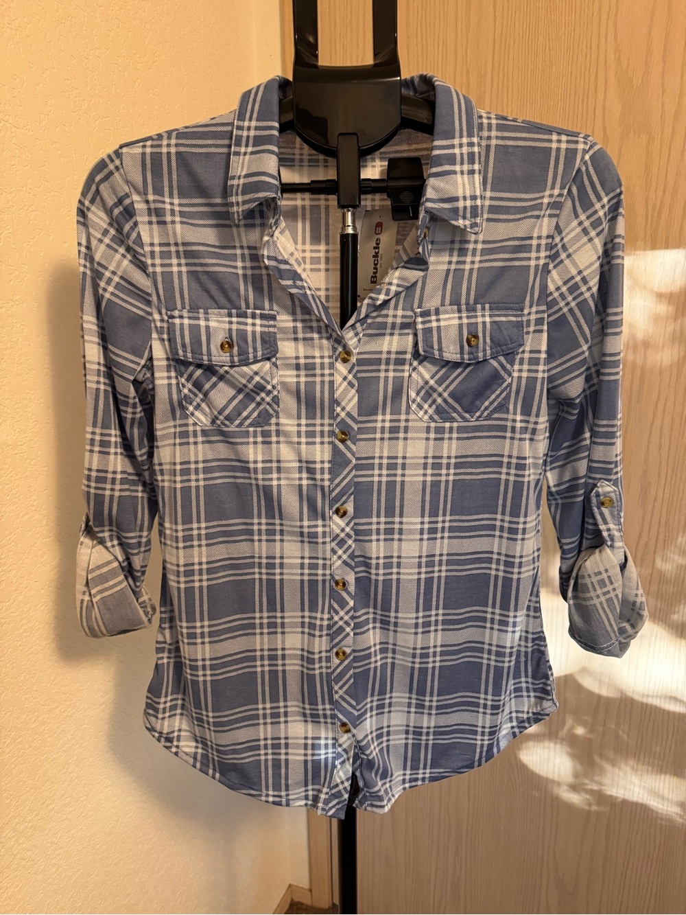 Buckle Blue and White Plaid Button-Down Women's Shirt